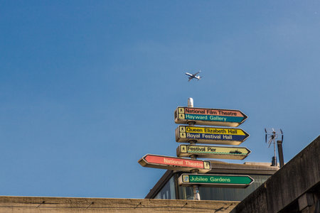 London. June 2018. A view of directional signage outside the National Theatre along the south bank...