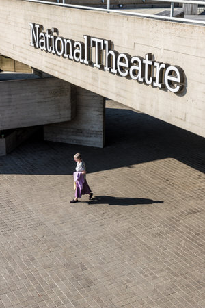 London. June 2018. A view of the sign for the national theatre along the south bank in Londonのeditorial素材