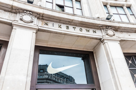 London. June 2018. A view of the sign above the Nike town flagship store on Oxford Circus in London.のeditorial素材