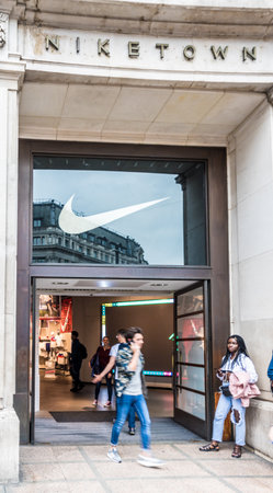 London. June 2018. A view of the Nike town flagship store on Oxford Circus in London.のeditorial素材