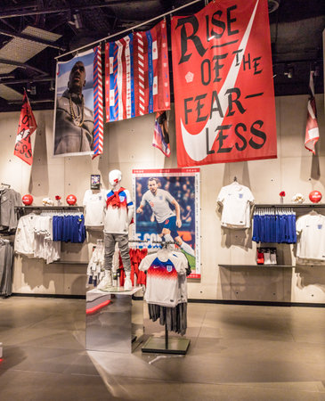 London. June 2018. A view of the England football kits in the Nike town flagship store in London.