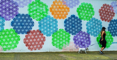 Medellin, Colombia. April 2018. A view of a typically colorful street in Medellin Colombiaのeditorial素材