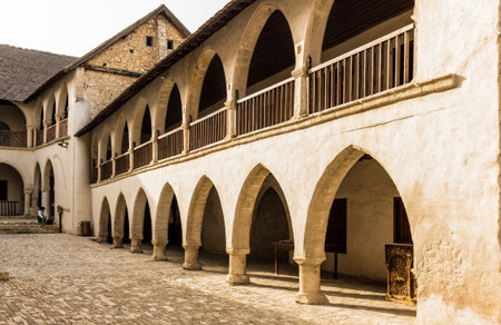 Omodos, Cyprus. May 2018. A view inside the Timios Stavros Monastery in the traditional village Omodos in Cyprus.のeditorial素材