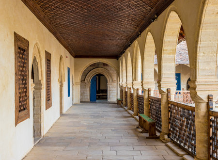 Omodos, Cyprus. May 2018. A view inside the Timios Stavros Monastery in the traditional village Omodos in Cyprus.のeditorial素材