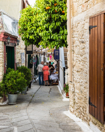 Omodos, Cyprus. May 2018. A typical view of a typical street in the traditional village Omodos in Cyprus.のeditorial素材
