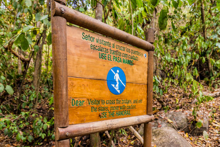 Tayrona National park, Santa Marta Colombia. April 2018. A view of information signage in Tayrona National Park in Santa Marta in Colombiaのeditorial素材