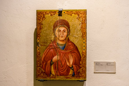 Omodos, Cyprus. May 2018. A religious icon from 1866 on display in the monastery of the Holy Cross in Omodos in Cyprus.のeditorial素材