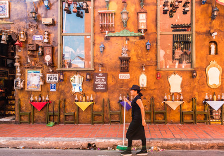 Cartagena Colombia. April 2018. A view of the famous facade of the Familla Marzola copper coloured restaurant in Cartagena Colombiaのeditorial素材