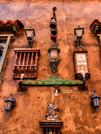 Cartagena Colombia. April 2018. A view of the famous facade of the Familla Marzola copper coloured restaurant in Cartagena Colombiaのeditorial素材