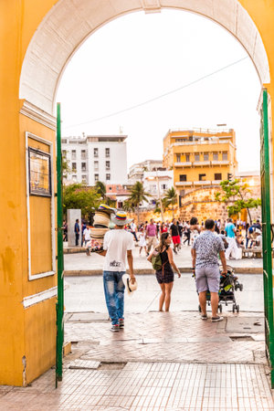 Cartagena Colombia. April 2018. A view of a street vendor selling hats in Cartagena Colombiaのeditorial素材