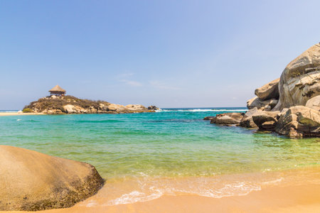 Tayrona National park, Colombia. March 2018.A view of the famous hammock hut on cabo San Juan in Tayrona national park in colombiaの写真素材
