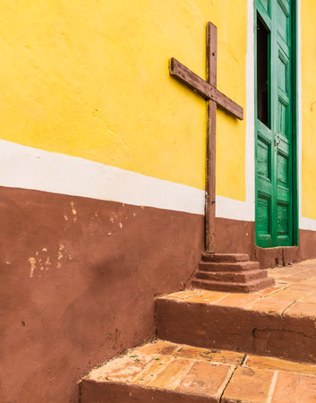 Trinidad, Cuba. January 2018. A view of the facade of a small church in trinidad in Cuba.のeditorial素材