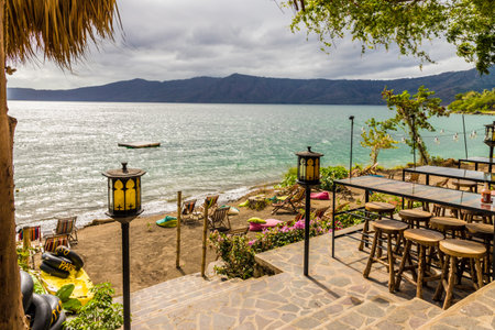 Lake Apoyo, Granada, Nicaragua. February 2018. A typical view from a bar on Apoyo lake Nicaraguaのeditorial素材