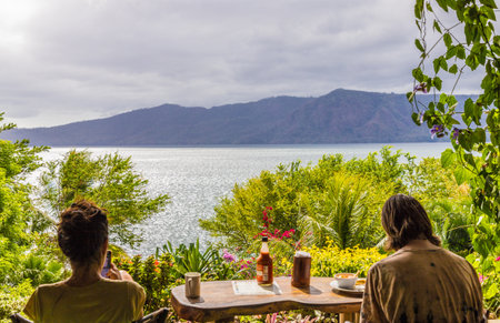 Lake Apoyo, Granada, Nicaragua. February 2018. A typical view from a bar on Apoyo lake Nicaraguaのeditorial素材