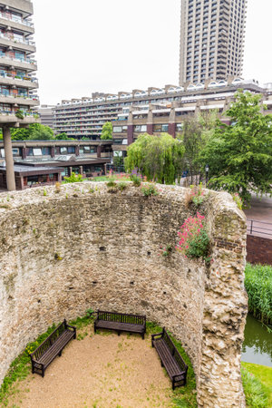 London. June 2018. A view of benches at the Barbican in londonのeditorial素材