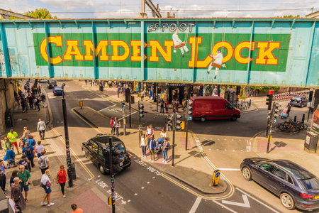 London. August 2018. A view of Camden Lock bridge in Camden Market in london