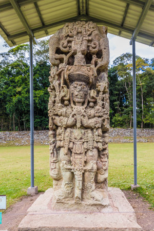 Copan Ruins, Honduras. February 2018. A view of stela B carving at the UNESCO world heritage site at Copan Ruins in Honduras.のeditorial素材