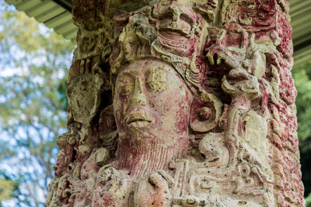 Copan Ruins, Honduras. February 2018. A view of an estela carving at the UNESCO world heritage site...