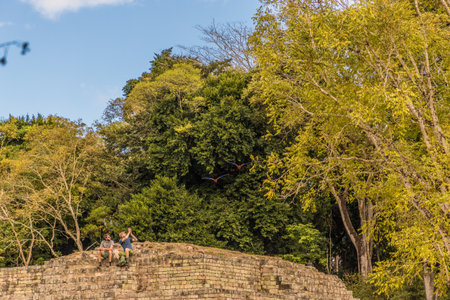Copan Ruins, Honduras. February 2018. A view of tourists taking a picture of macaws from the grand...