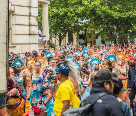 London. August 27 2018. Colourful participants during the Grand Parade, Notting Hill Carnival, in London.のeditorial素材