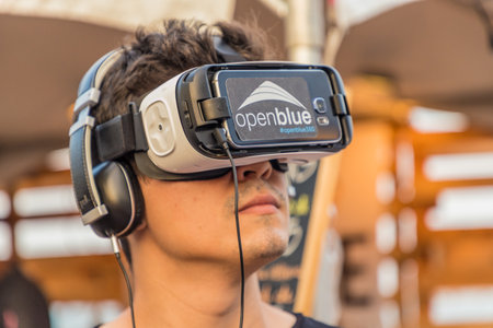 Panama City, Panama. March 2018. A view of a person wearing a virtual reality headset in Panama City in Panamaのeditorial素材