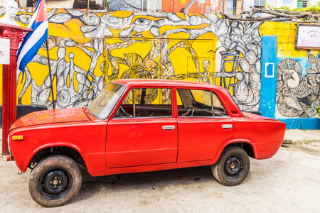 Havana, Cuba. January 2018. A old American car in Callejon de Hamel in Havana, Cuba.のeditorial素材