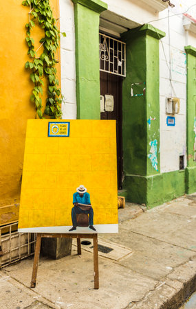 Cartagena, Colombia. March 2018. A view of a colorful art gallery in the street in Cartagena in Colombiaのeditorial素材