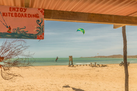 Cabo de la vela, La Guajira, Colombia. April 2018. A view of kitesurfing on the Caribbean beach in Cabo de la Vela in Colombiaのeditorial素材