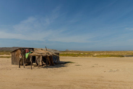 A view of simple houses in Cabo de la Vela in Colombiaの写真素材