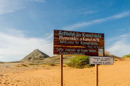 Cabo de la vela, La Guajira, Colombia. April 2018. A view of a sign for pilon de Azucar in Cabo de la Vela in Colombiaのeditorial素材