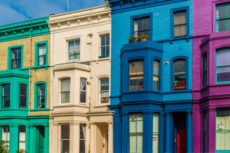 London. August 2018. A view of colourful buildings in Notting Hill in Londonのeditorial素材
