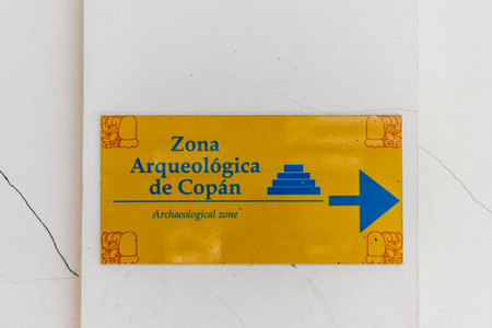 Copan Ruins, Copan, Honduras. February 2018. A view of signage in Copan ruins in Honduras