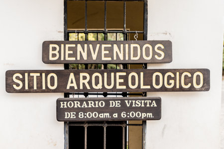 Copan Ruins, Copan, Honduras. February 2018. A typical view of signage for Copan Ruins in Copan in Hondurasのeditorial素材