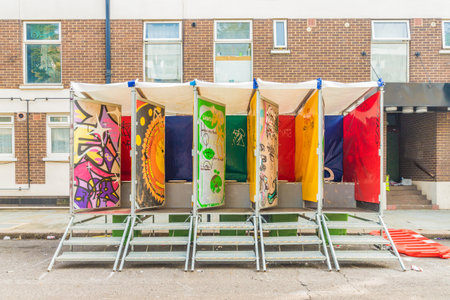 Notting Hilll London. August 2018. A view of portable toilets during the Notting hill Carnival in...