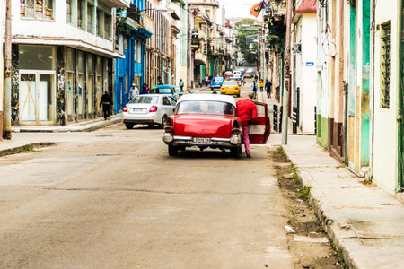Havana Cuba. january 2018. A view of a car in a typical street in Havana in Cubaのeditorial素材