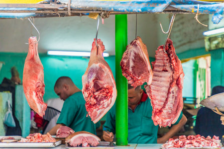 Havana Cuba. january 2018. A typical meat street market in Havana in Cubaのeditorial素材