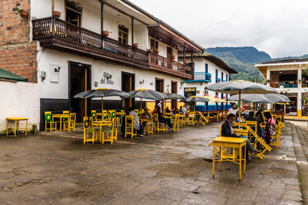 Jardin Colombia. April 2018. A view of colorful colonial architecture in the main square in jardin in Colombiaのeditorial素材
