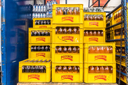 Jardin Colombia. April 2018. A view of crates of Postobon soft drink crates in jardin in Colombiaのeditorial素材