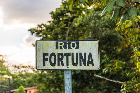 La Fortuna, Costa Rica. March 2018. A view of a sign for Rio Fortuna in Costa Ricaのeditorial素材