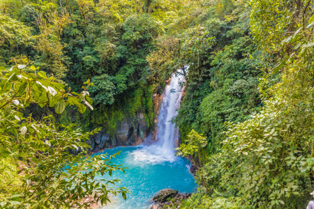 La Fortuna, Costa Rica. March 2018. A view of the blue waterfall Rio Celeste in Costa Rica