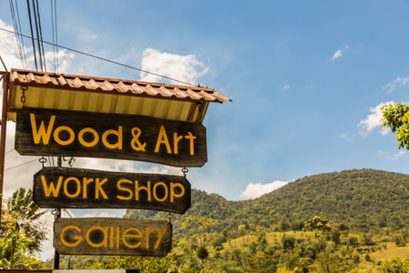 La Fortuna, Costa Rica. March 2018. A view of a wooden sign in Costa Ricaのeditorial素材