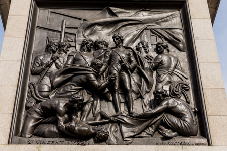 London. September 2018. A view of a bronze relief on Nelsons column in Trafalgar square in Londonのeditorial素材