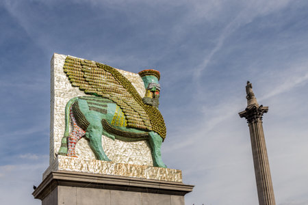 London. September 2018. A view of the fourth plinth and Nelsons Column in Trafalgar square in Londonのeditorial素材
