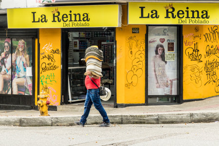 Medellin Colombia. March 2018. A view of a hat seller in Medellin in Colombiaのeditorial素材