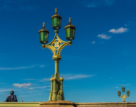 London. September 2018. A view of a Victorian street lantern from westminster Bridge in Westminster in Londonのeditorial素材