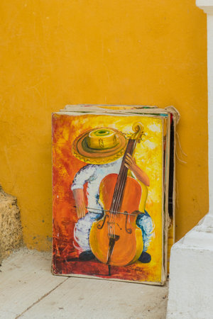 Cartagena Colombia. March 2018. A view of local art for sale in Cartagena in Colombiaのeditorial素材