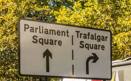 London. September 2018. A view of a street sign for parliament sq and trafalgar sq in Westminster Londonのeditorial素材