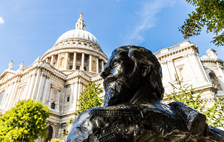 London. September 2018. A view of the John Donne bust outside St Pauls cathedral in the City of London in Londonのeditorial素材