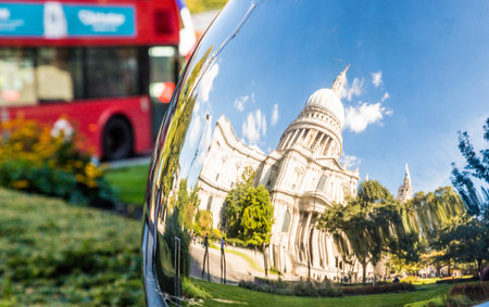 London. September 2018. A view of a reflection of St Pauls cathedral in the City of London in Londonのeditorial素材