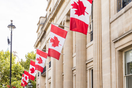 London. september 2018. A view of Canadian flags outside the canadian Embassy in londonのeditorial素材